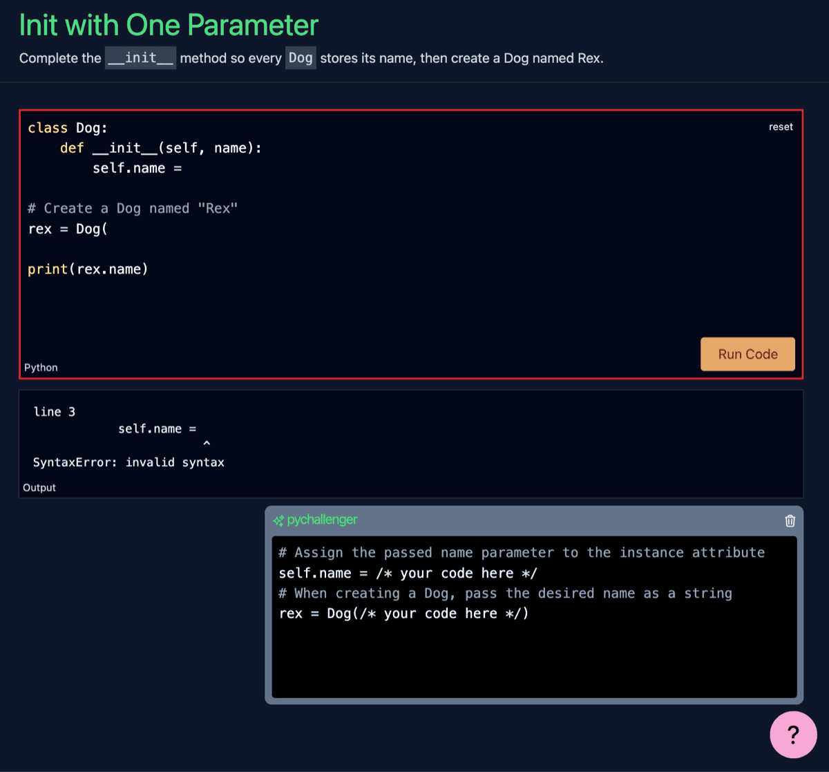 Pychallenger AI hint system giving contextual guidance on a Python coding exercise